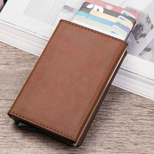 Magnetic RFID Bag Multifunctional Aluminum Automatic Pop-up Credit Card Package(Brown) by bashfashion