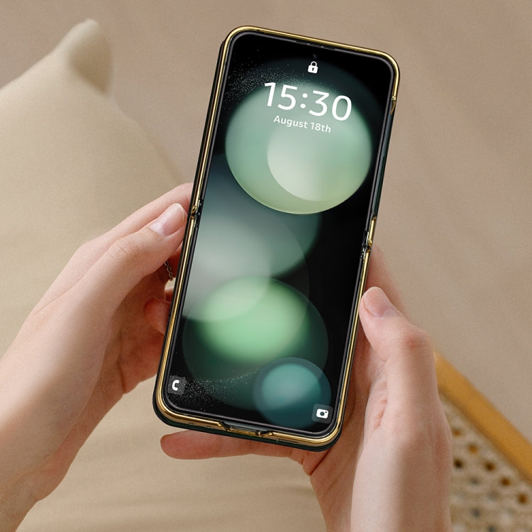 For Samsung Galaxy Z Flip5 VIETAO Integrated Embossed Pattern Full Coverage Phone Case with Wrist Strap(Brown) by VIETAO