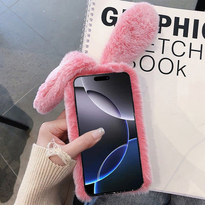 For iPhone 12 mini 3D Cute Long-eared Rabbit Plush Full Coverage Phone Case(Pink) by bashfashion