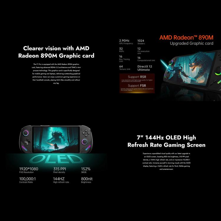 ONE-NETBOOK OneXPlayer F1 Pro 7 inch Handheld Game Console, 32GB+1TB, Windows 11 AMD Ryzen 7 8840U(UK Plug) by ONE-NETBOOK