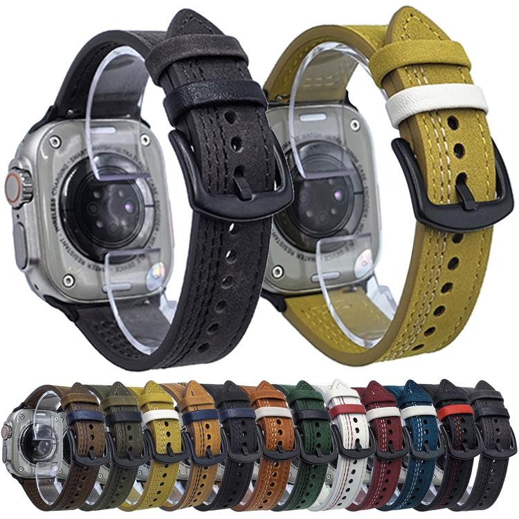 For Apple Watch 42mm / 41mm / 40mm / 38mm 7-Line Tri-Star Buckle Pull Up Leather Watch Band(Gray Black Thread) by bashfashion