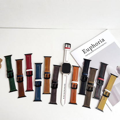 For Apple Watch 42mm / 41mm / 40mm / 38mm 7-Line Tri-Star Buckle Pull Up Leather Watch Band(Crazy Horse Army Green Black Thread) by bashfashion