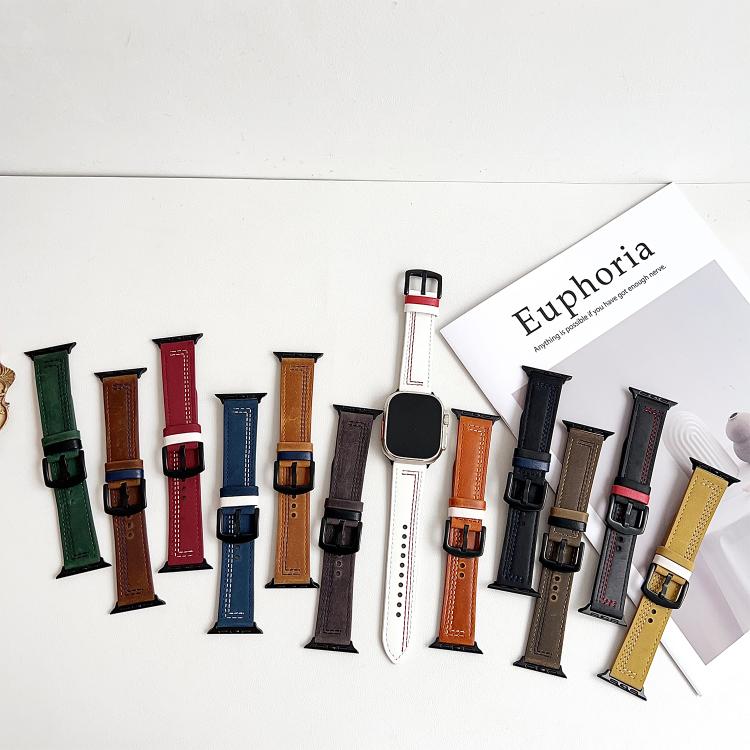 For Apple Watch 42mm / 41mm / 40mm / 38mm 7-Line Tri-Star Buckle Pull Up Leather Watch Band(Dark Blue White Thread) by bashfashion