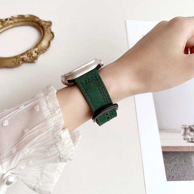 For Apple Watch 42mm / 41mm / 40mm / 38mm 7-Line Tri-Star Buckle Pull Up Leather Watch Band(Dark Blue White Thread) by bashfashion